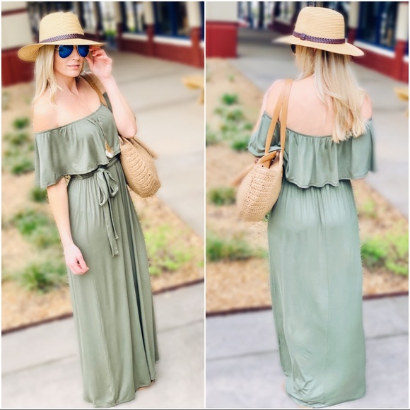 MAKING HEADLINES OFF SHOULDER MAXI DRESS-OLIVE - Picture 3 of 5